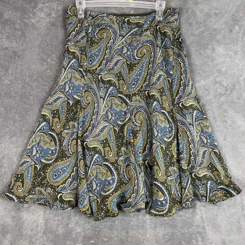 Context Petite 10AV0% Silk Paisley Midi Skirt Green Blue Size 8P Boho Flare